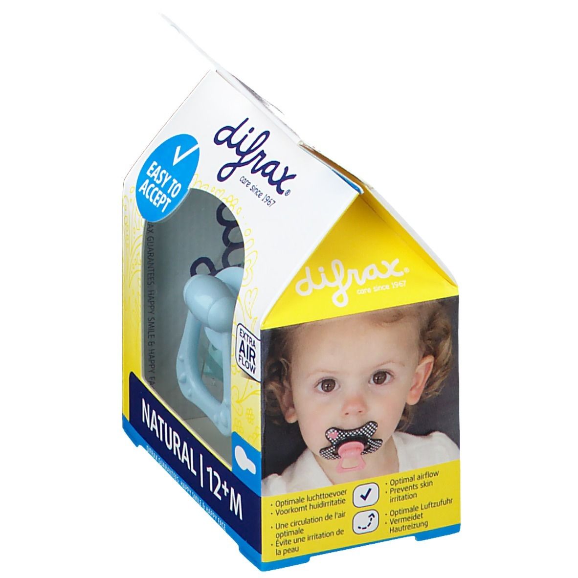 Verpackung mit Schnuller und Kind. Blau, mit Griff. Text: Difrax, Natural 12+M, Easy to Accept, Extra Air Flow.