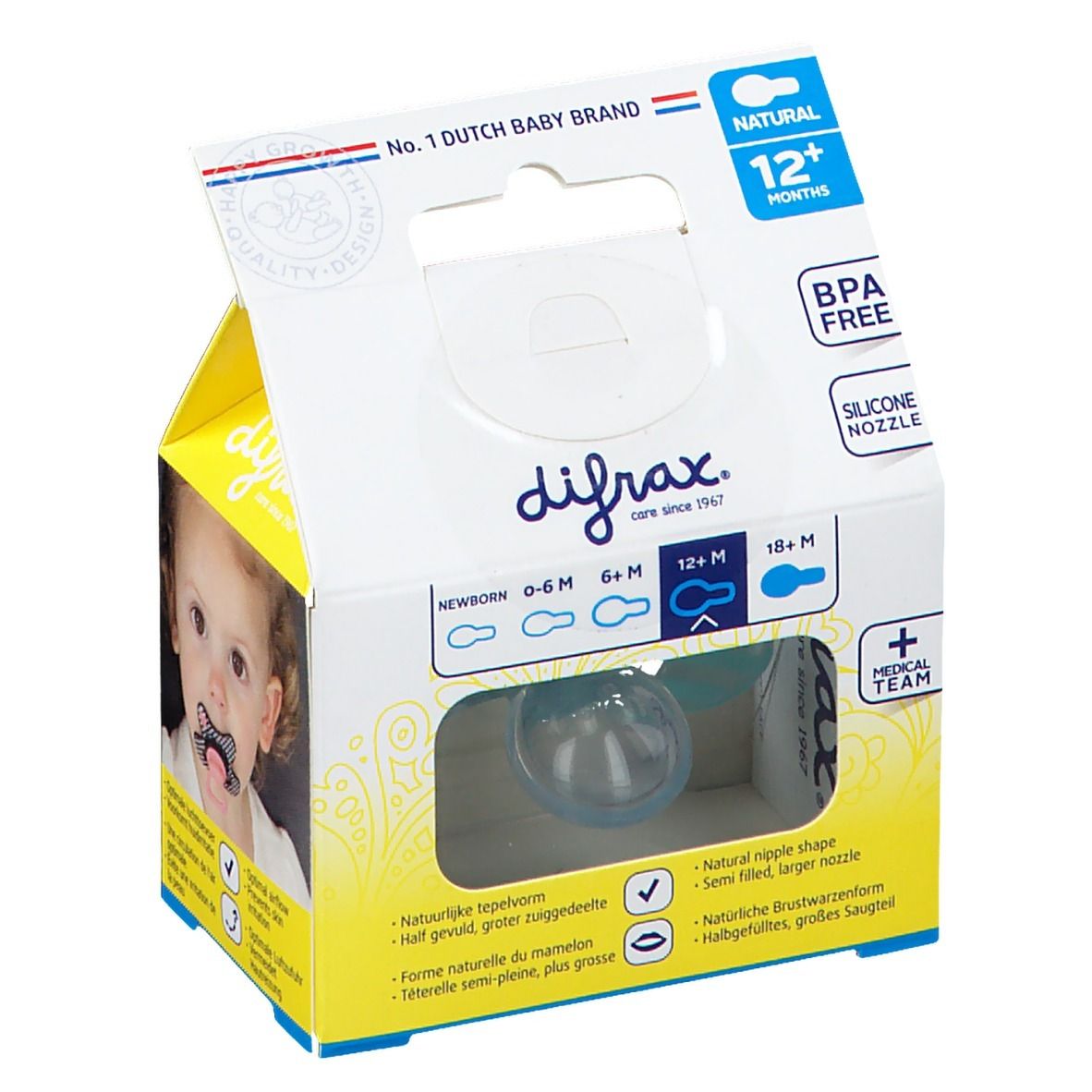 Verpackung mit Schnuller. Blau, mit Griff. Text: Difrax, Natural 12+M, BPA Free, Silicone Nipple.