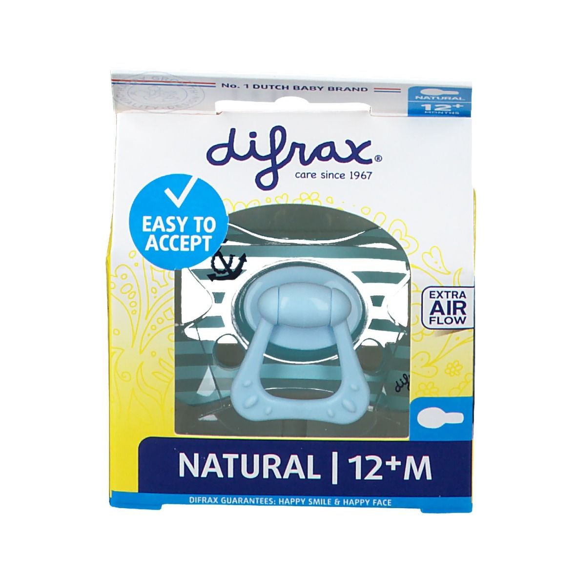 Schnuller in Verpackung. Blau, mit Griff. Text: Difrax, Natural 12+M, Easy to Accept, Extra Air Flow.