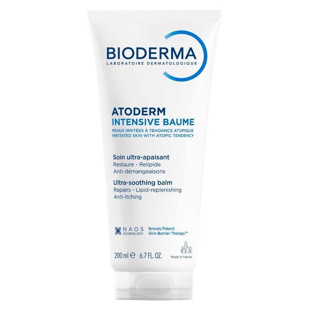 Tube blanc avec logo et texte bleus. Nom du produit: Atoderm Intensive Baume. Texte en français et anglais. 200 ml.