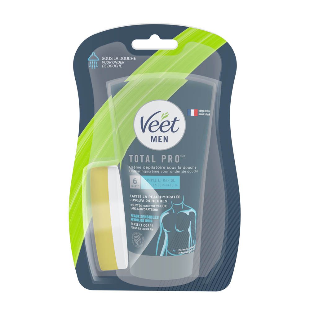 Veet Men Total Pro Dusch-Enthaarungscreme. Tube und Schwamm in Verpackung. Text: Crème dépilatoire sous la douche, Peau sensible, 6 Wochen glatte Haut.