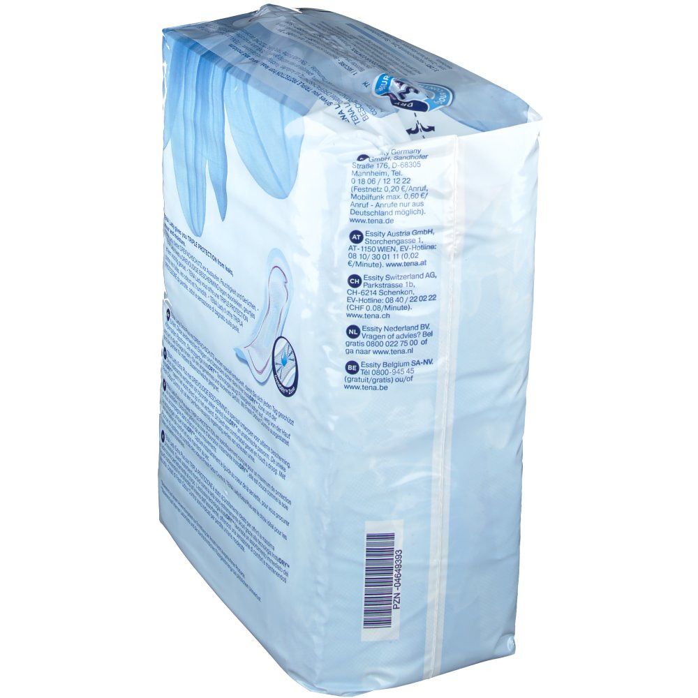 Vue latérale du paquet Tena Lady Extra Plus. Informations sur le fabricant et les coordonnées.