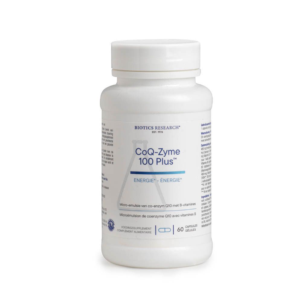 Weiße Flasche CoQ-Zyme 100 Plus. Aufschrift: Biotics Research, 60 Kapseln. Energie-Logo.