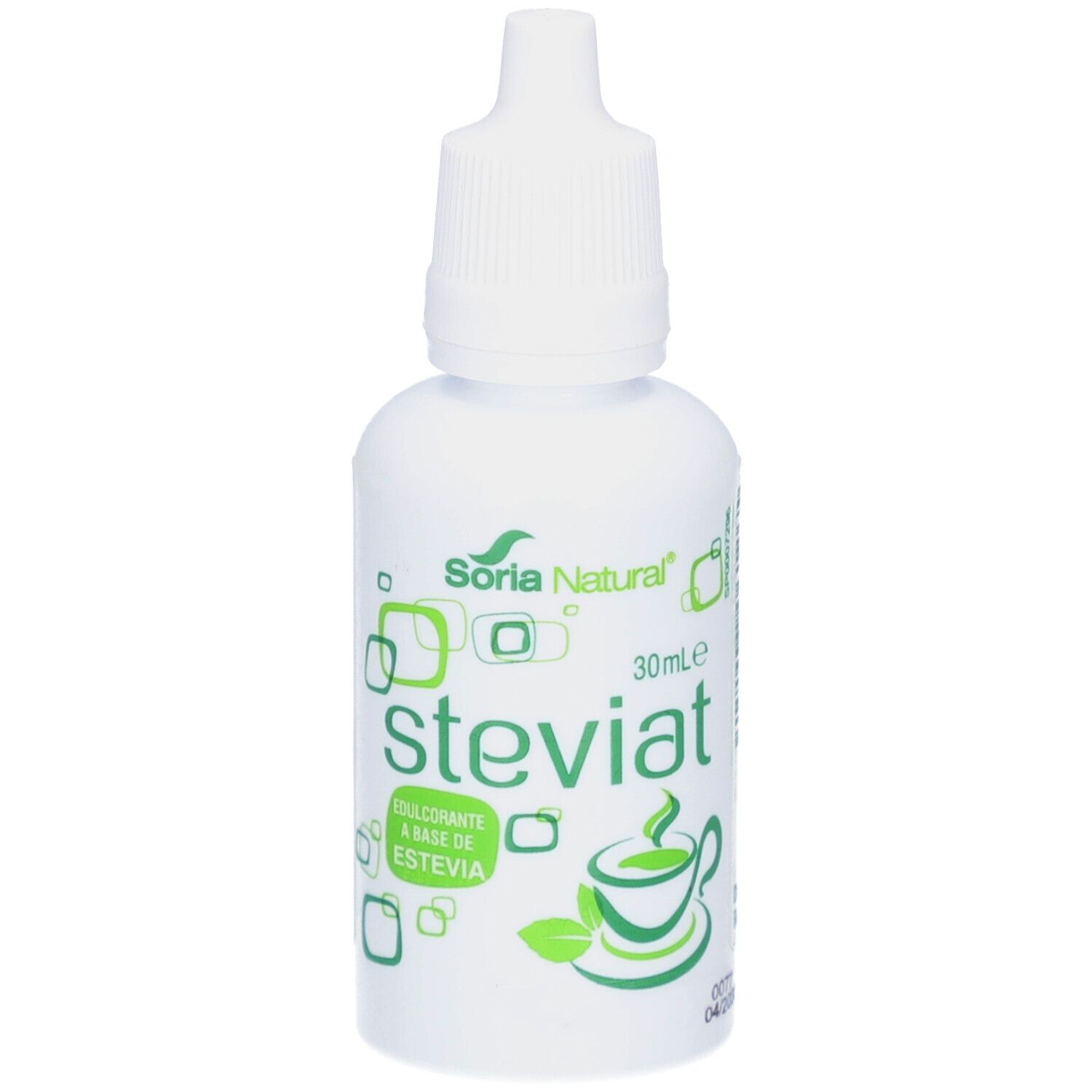 Weiße Flasche mit Steviat-Tropfen. Logo: Soria Natural. Aufschrift: Steviat, Süßstoff auf Stevia-Basis. 30ml.