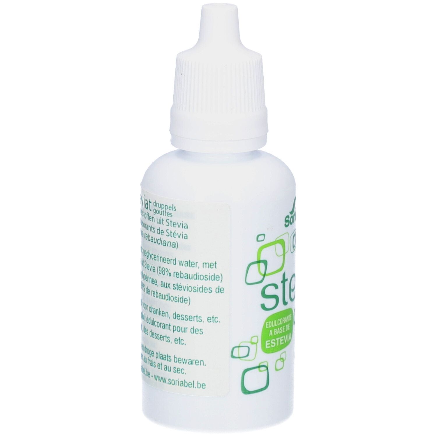 Weiße Flasche mit Steviat-Tropfen. Text in Niederländisch. Zutaten, Gebrauchsanweisung, Hinweise zur Lagerung. Soria Natural.