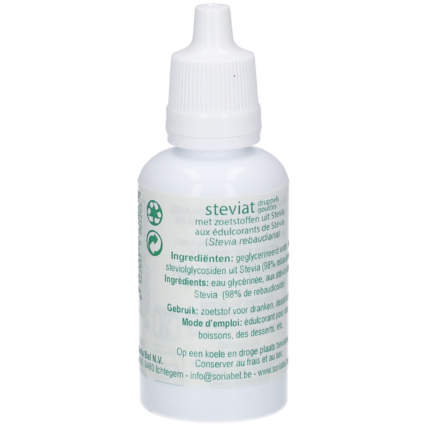 Weiße Flasche mit Steviat-Tropfen. Text in Niederländisch. Zutaten, Gebrauchsanweisung, Hinweise zur Lagerung. Soria Natural.