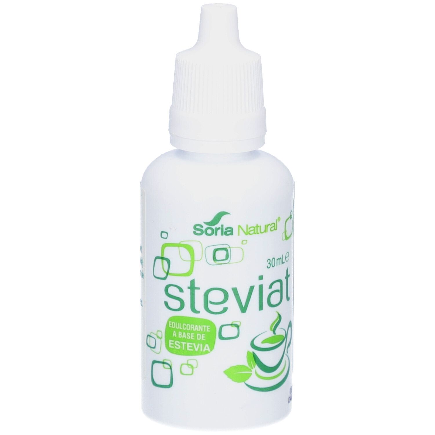 Weiße Flasche mit Steviat-Tropfen. Logo: Soria Natural. Aufschrift: Steviat, Süßstoff auf Stevia-Basis. 30ml.