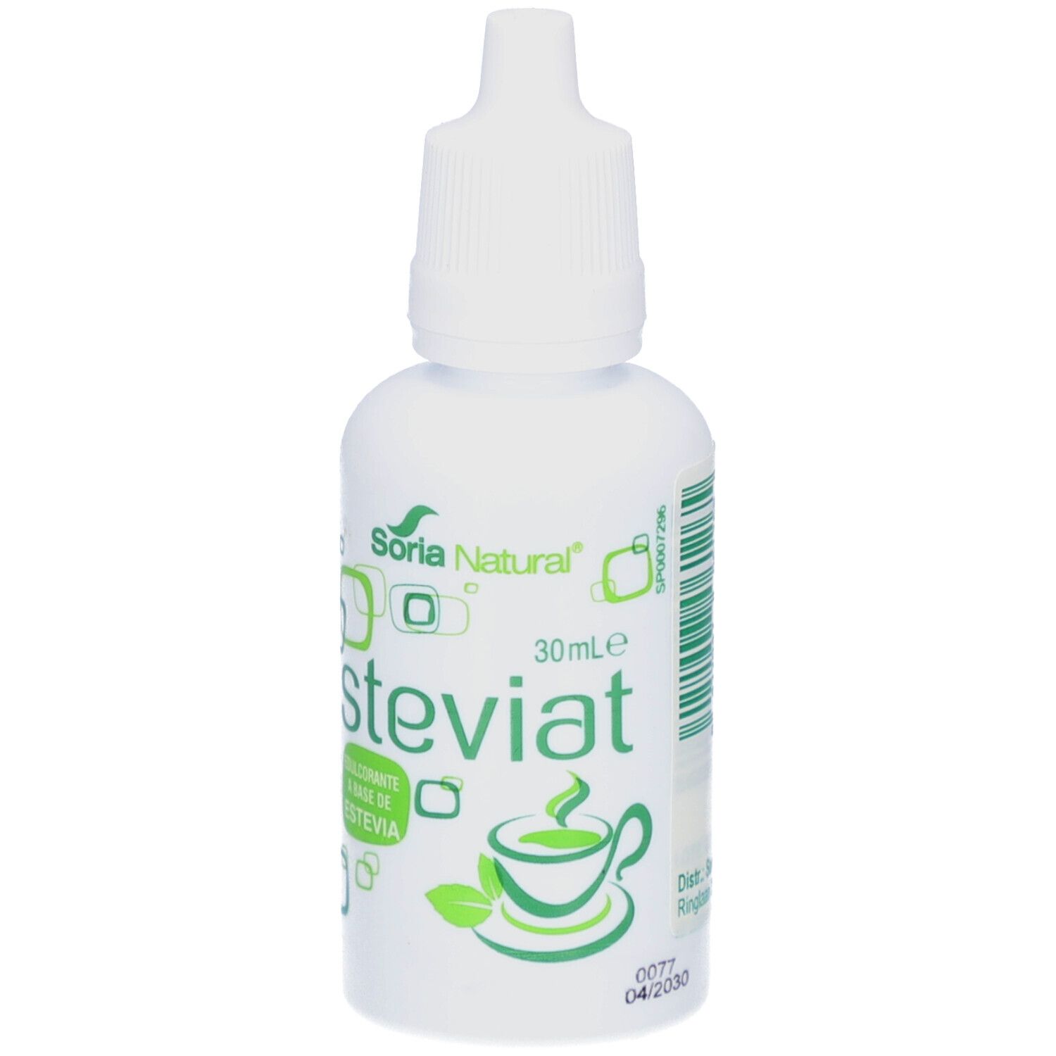 Weiße Flasche mit Steviat-Tropfen. Logo: Soria Natural. Aufschrift: Steviat, Süßstoff auf Stevia-Basis. 30ml.
