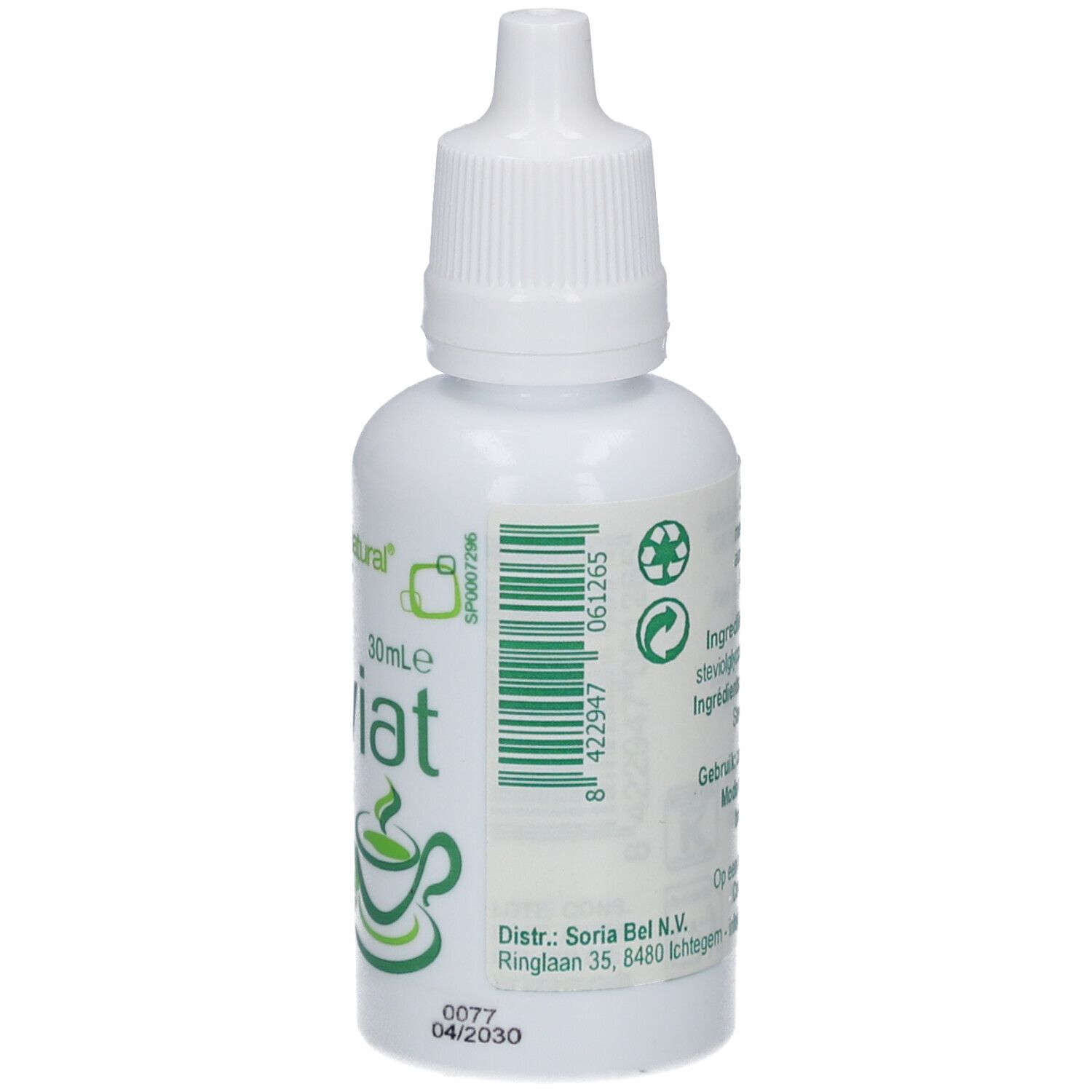 Weiße Flasche mit Steviat-Tropfen. Logo: Soria Natural. Aufschrift: Steviat, Süßstoff auf Stevia-Basis. 30ml. Barcode.