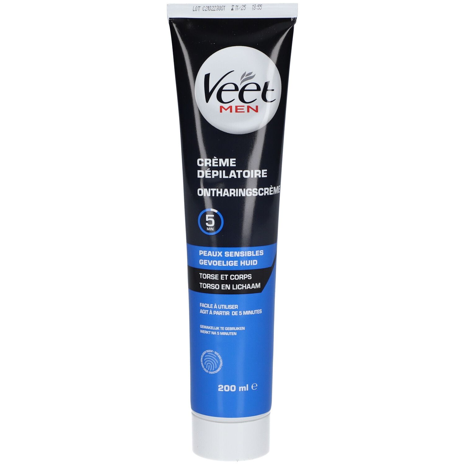 Veet Men Enthaarungscreme Tube, 200 ml, für empfindliche Haut an Torso und Körper.