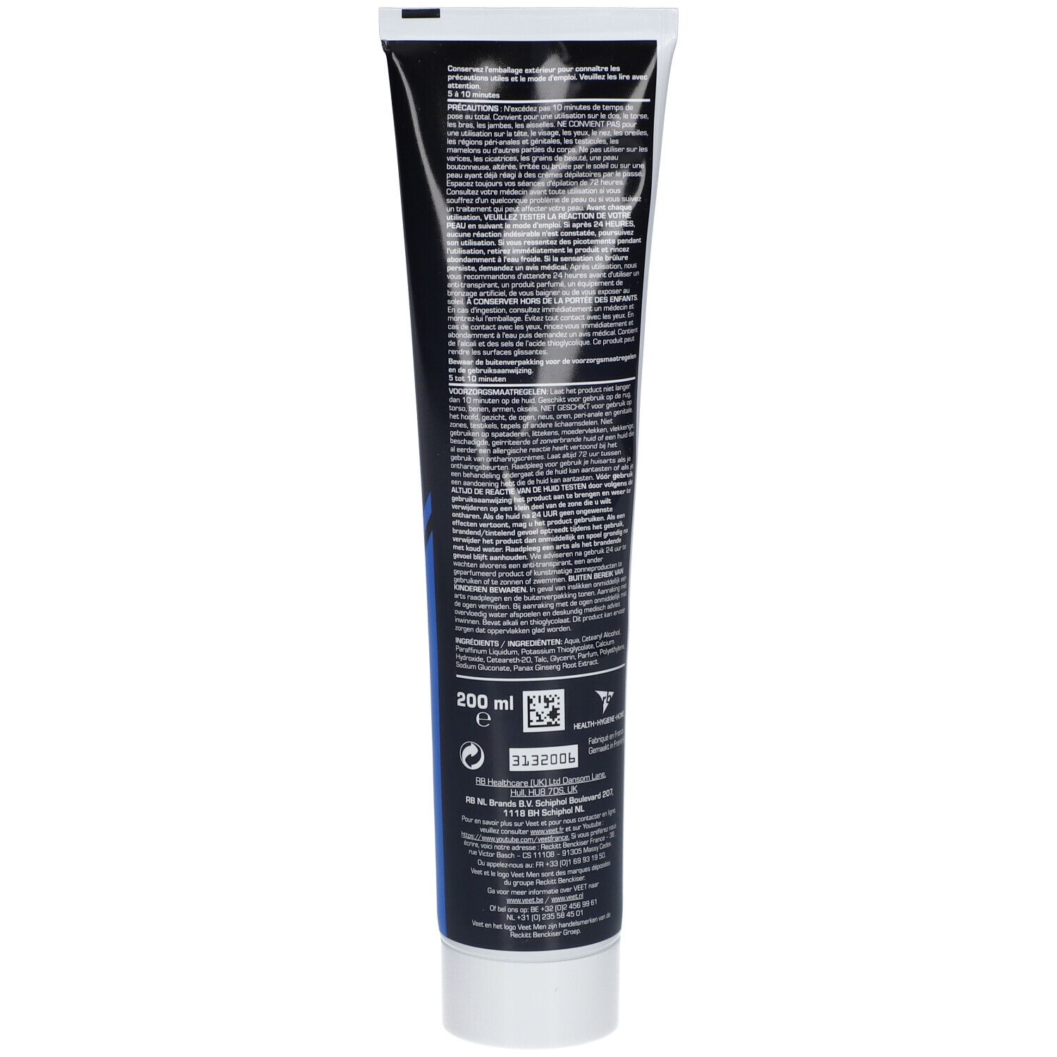 Schwarze Tube mit weißen und blauen Akzenten, 200 ml Inhalt, mit detaillierten Produktinformationen.