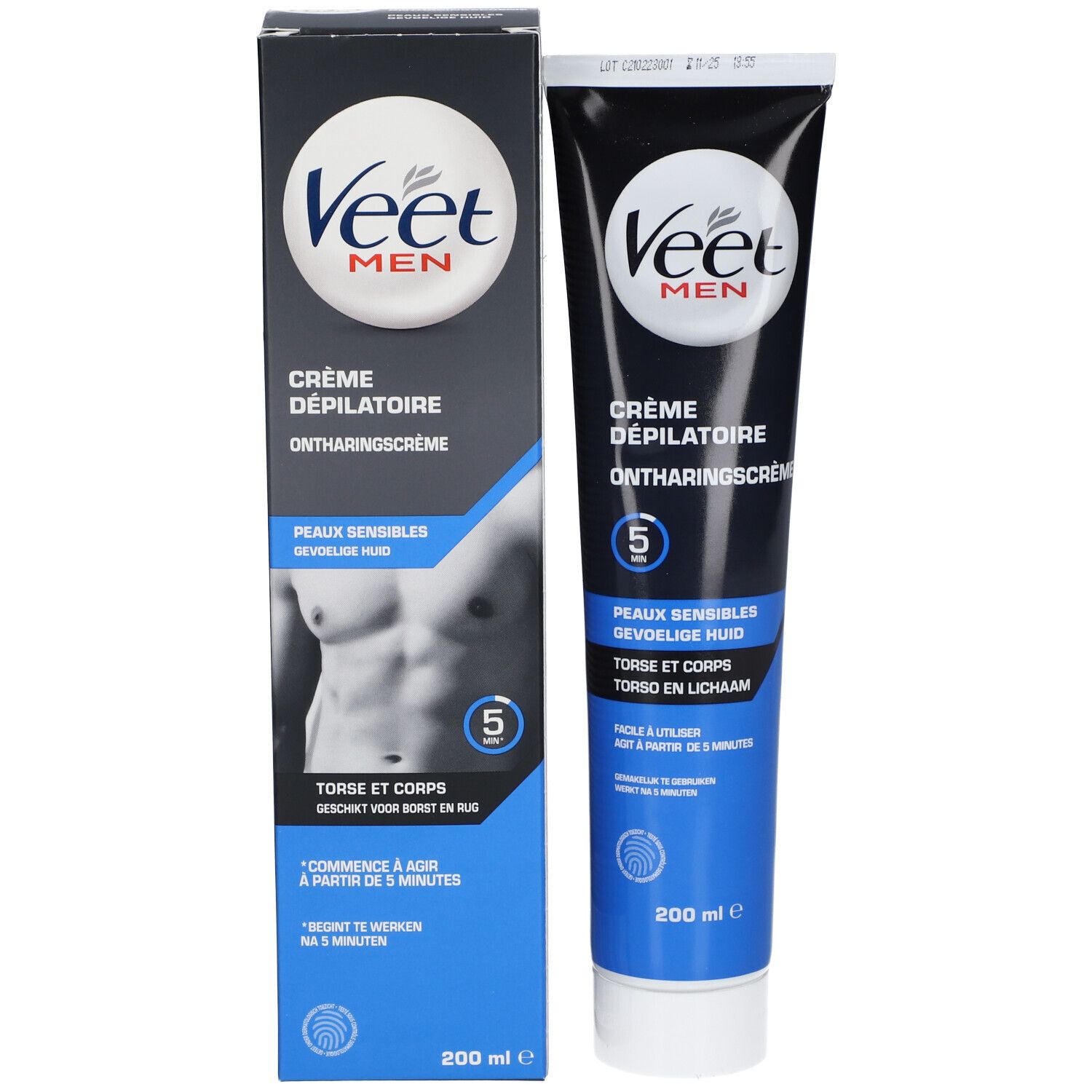 Veet Men Enthaarungscreme Tube und Karton, 200 ml, für empfindliche Haut.