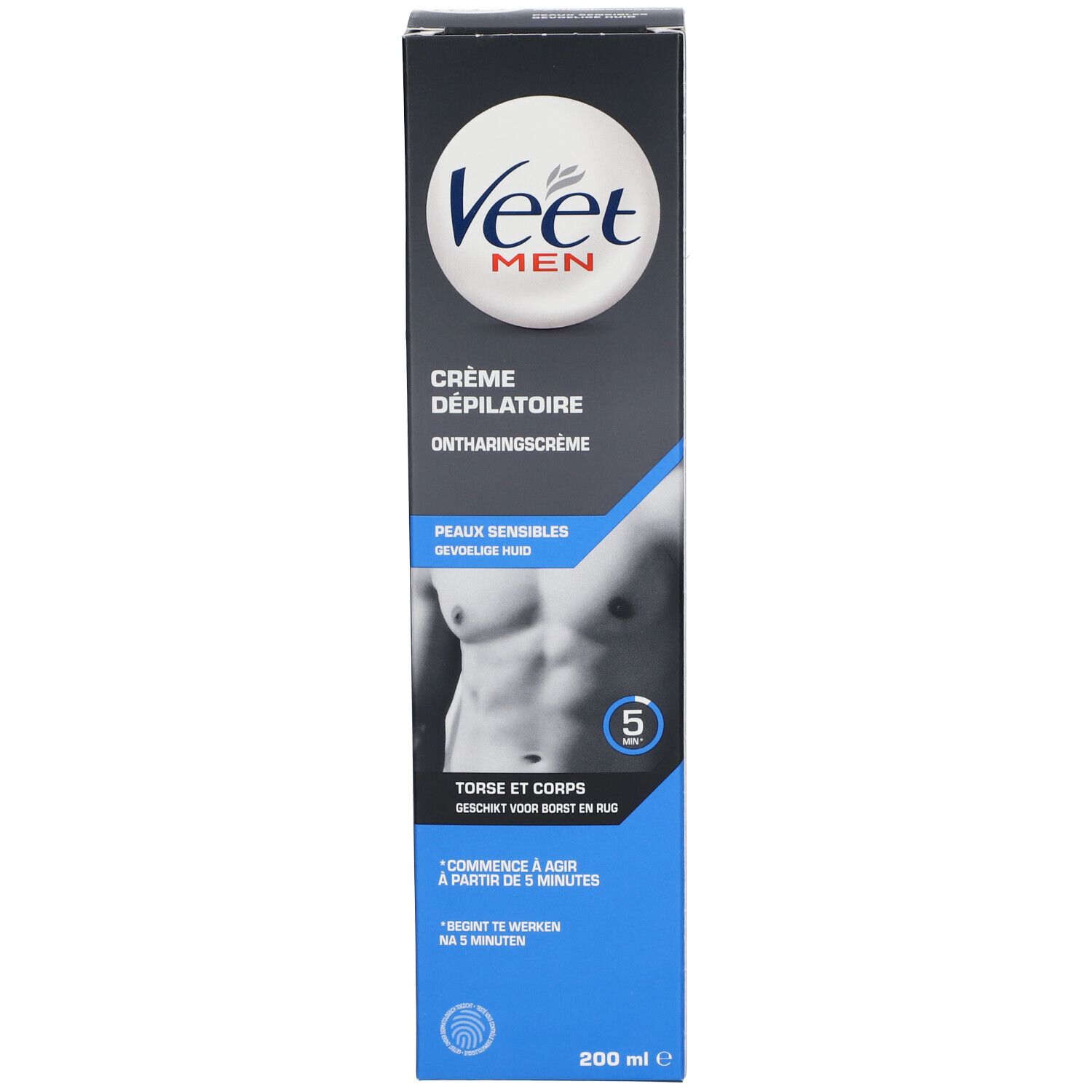 Veet Men Enthaarungscreme-Verpackung für empfindliche Haut, 200 ml.