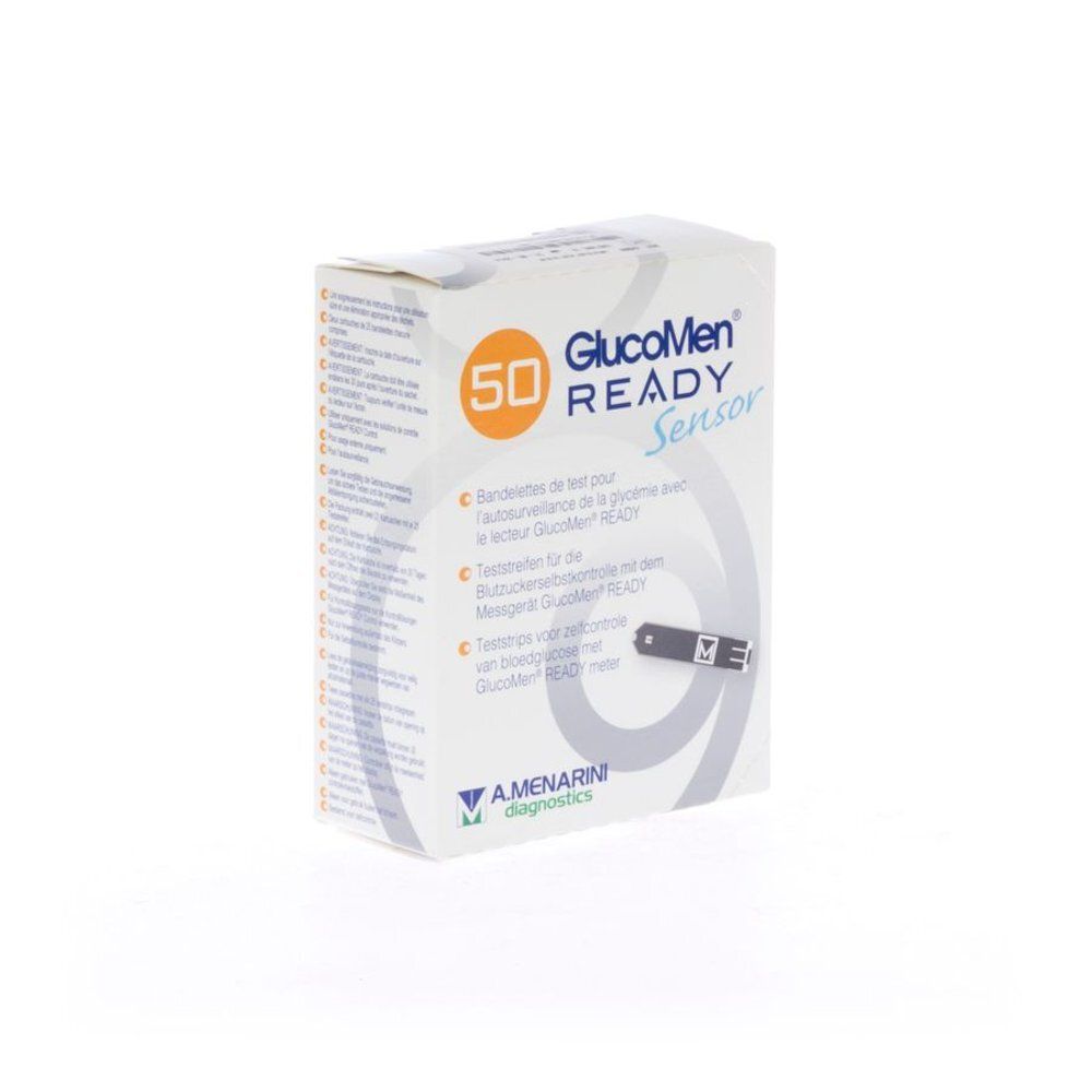 Boîte de 50 bandelettes. Inscription: GlucoMen READY Sensor. Marque Amenarini diagnostics. Carton blanc. 50 en orange.