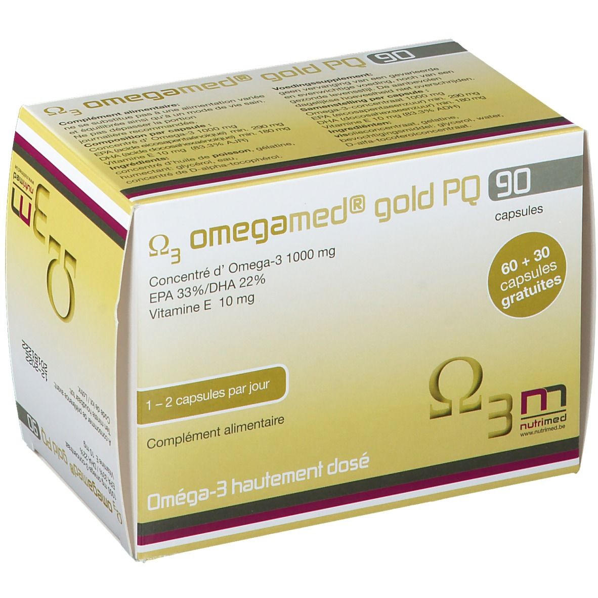 Omegamed® Gold PQ 90-Packung. Enthält 90 Kapseln. Aufschrift: Omega-3, 1000 mg, EPA 33%/DHA 22%, Vitamin E 10 mg. 60+30 Kapseln gratis.