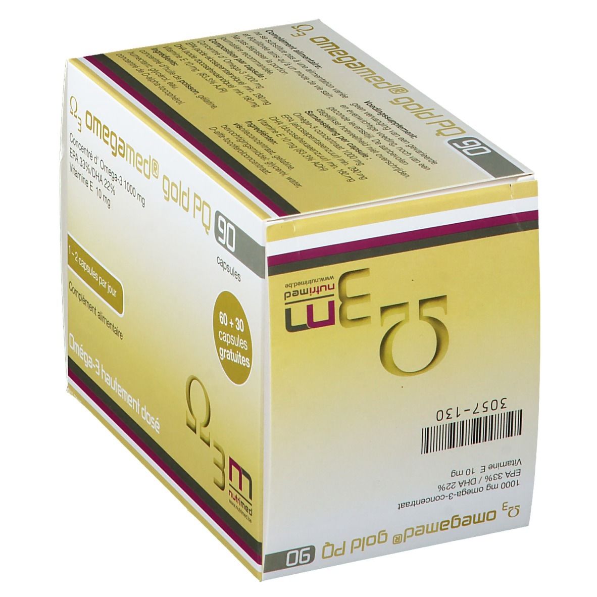 Omegamed® Gold PQ 90-Packung. Enthält 90 Kapseln. Aufschrift: Omega-3, 1000 mg, EPA 33%/DHA 22%, Vitamin E 10 mg. 60+30 Kapseln gratis.