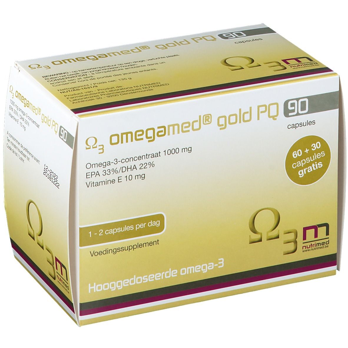 Omegamed® Gold PQ 90-Packung. Enthält 90 Kapseln. Aufschrift: Omega-3, 1000 mg, EPA 33%/DHA 22%, Vitamin E 10 mg. 60+30 Kapseln gratis.