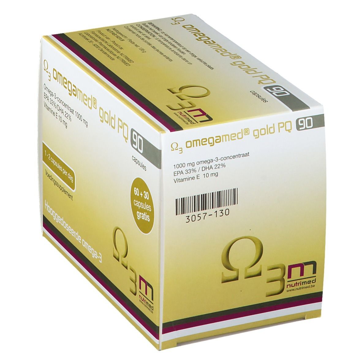 Omegamed® Gold PQ 90-Packung. Enthält 90 Kapseln. Aufschrift: Omega-3, 1000 mg, EPA 33%/DHA 22%, Vitamin E 10 mg. 60+30 Kapseln gratis.
