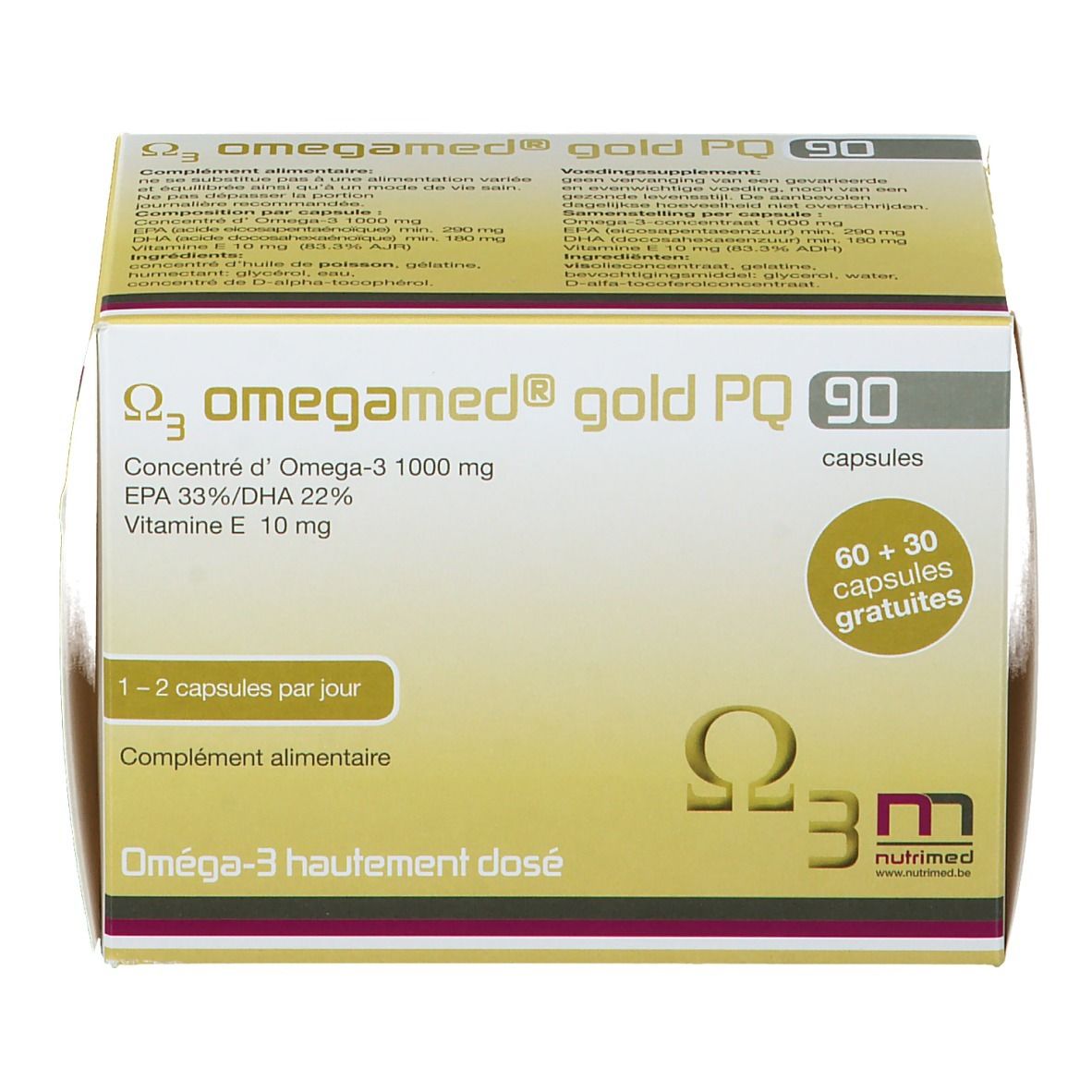 Omegamed® Gold PQ 90-Packung. Enthält 90 Kapseln. Aufschrift: Omega-3, 1000 mg, EPA 33%/DHA 22%, Vitamin E 10 mg. 60+30 Kapseln gratis.