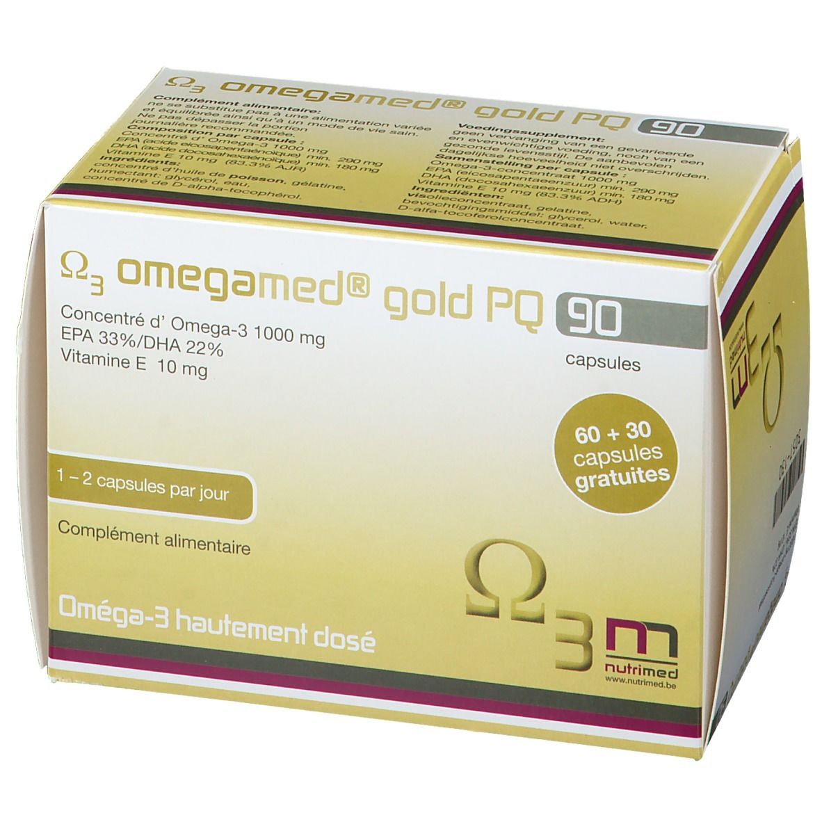 Omegamed® Gold PQ 90-Packung. Enthält 90 Kapseln. Aufschrift: Omega-3, 1000 mg, EPA 33%/DHA 22%, Vitamin E 10 mg. 60+30 Kapseln gratis.