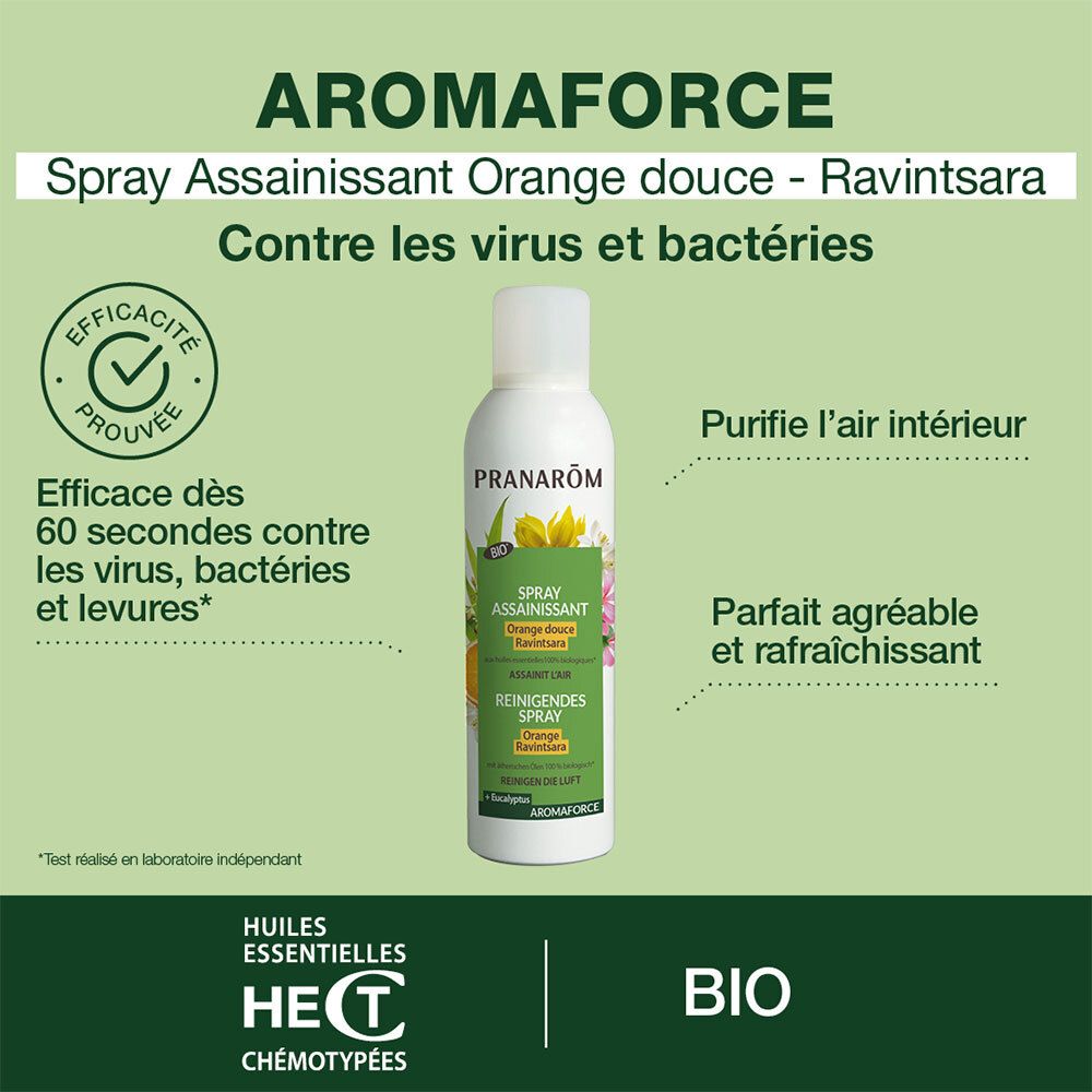 Produkt mit grünem Hintergrund. Text: Aromaforce, Spray assainissant, Orange douce - Ravintsara. Bio-Zertifizierung.