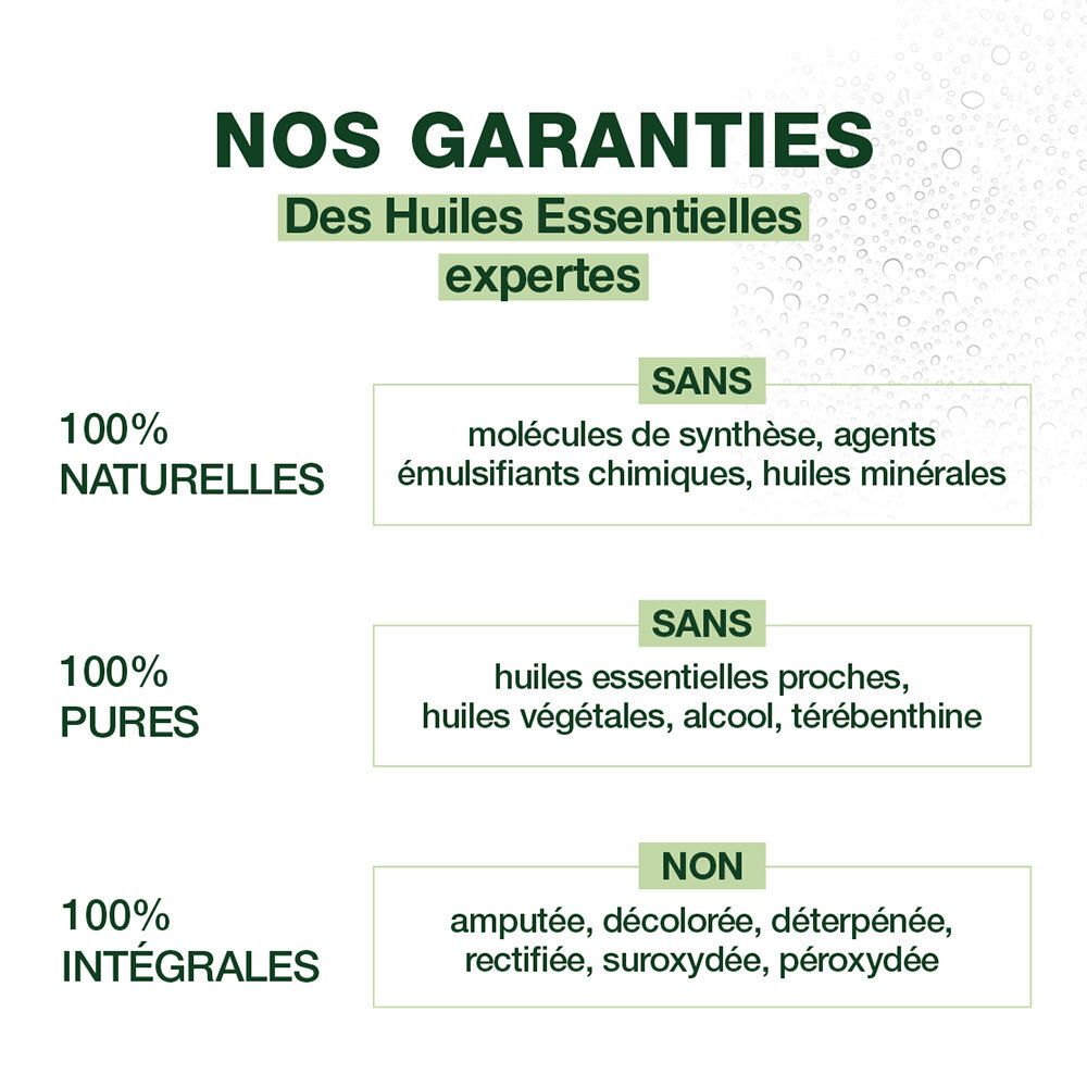 Text auf weißem Hintergrund. Überschrift: Nos garanties. Text über 100% natürliche, reine und integrale Inhaltsstoffe.