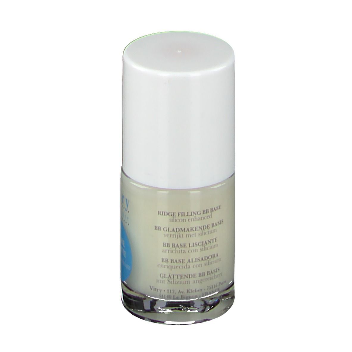 Nagellackflasche mit weißem Deckel. Aufschrift: RIDGE FILLING BB BASE, BB BASE LISCIANTE, BB BASE ALISADORA, GLÄTTENDE BB BASIS.