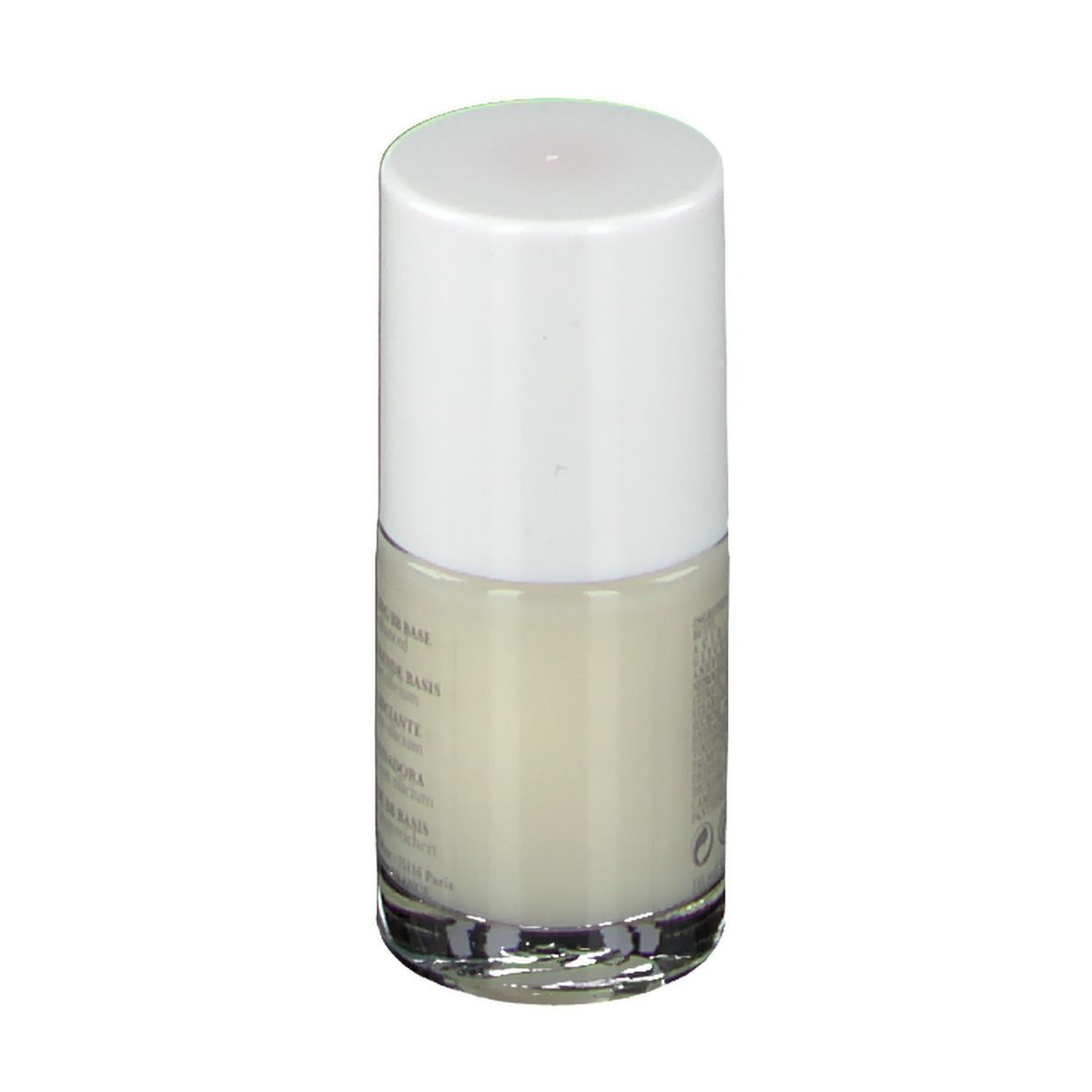 Nagellackflasche mit weißem Deckel. Aufschrift: RIDGE FILLING BB BASE, BB BASE LISCIANTE, BB BASE ALISADORA, GLÄTTENDE BB BASIS.