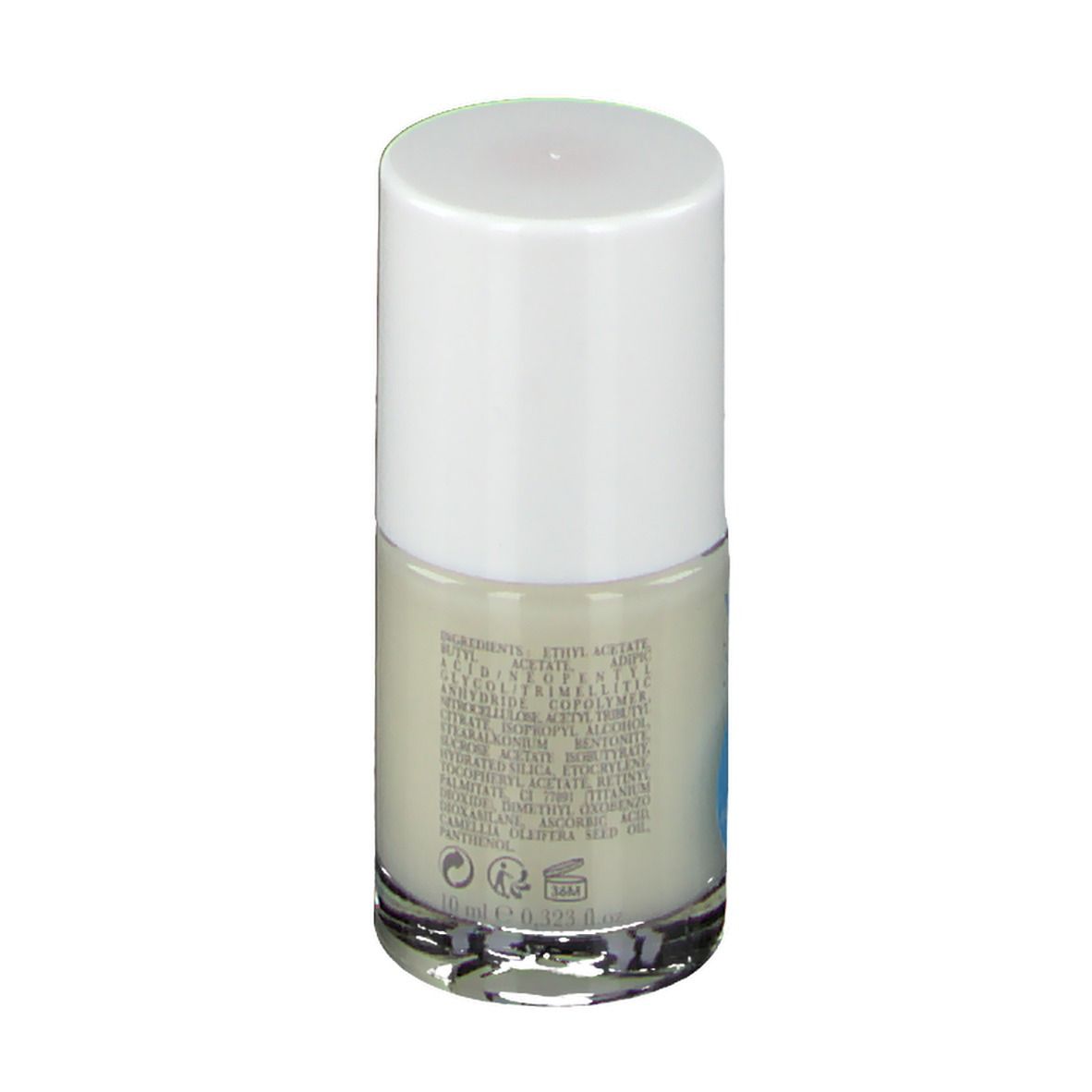Nagellackflasche mit weißem Deckel. Aufschrift: Inhaltsstoffe, 10 ml, 12M. Vitry Nail Care.