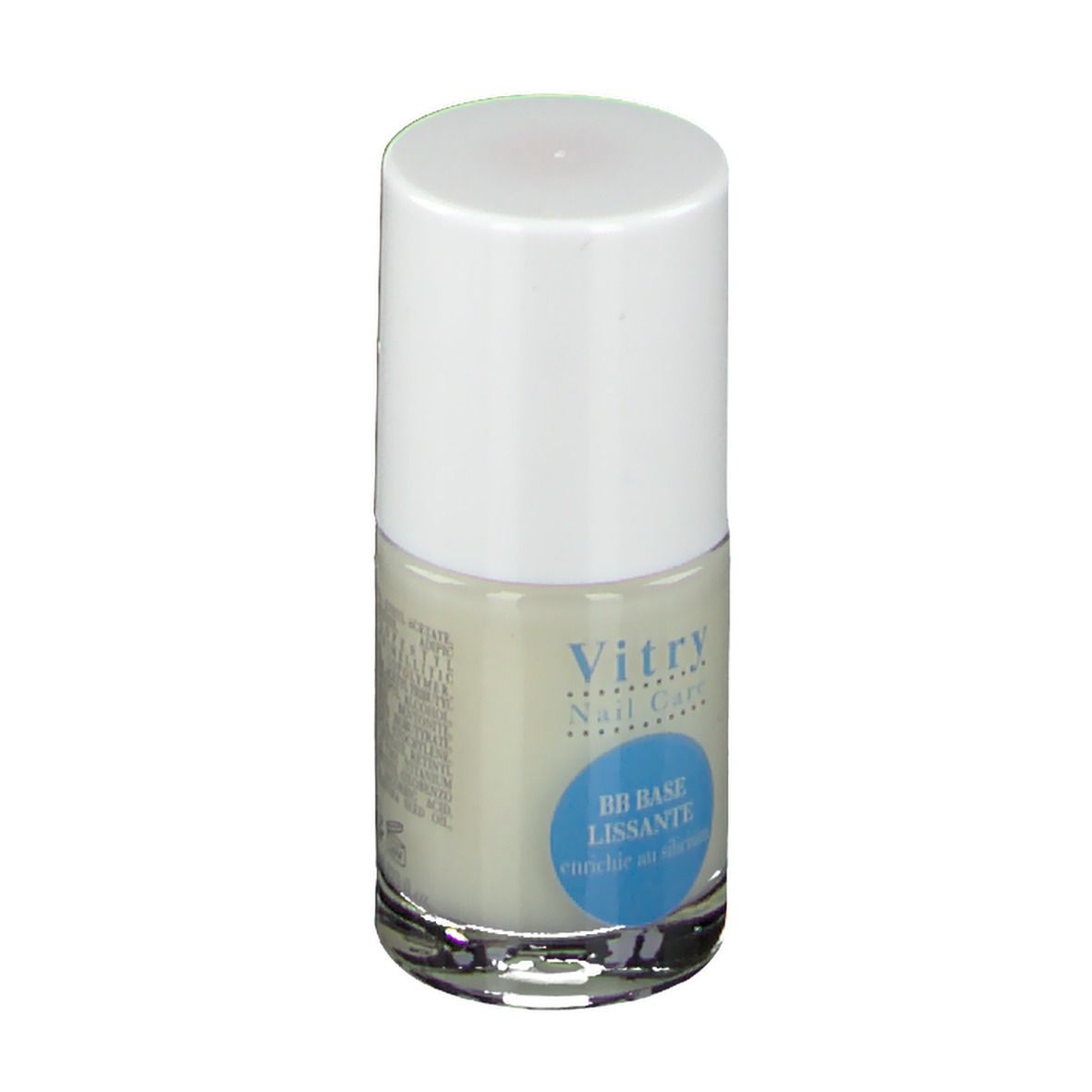 Nagellackflasche mit weißem Deckel. Blaue Aufkleber mit Text: BB BASE lissante enrichie en silicium. Vitry Nail Care.