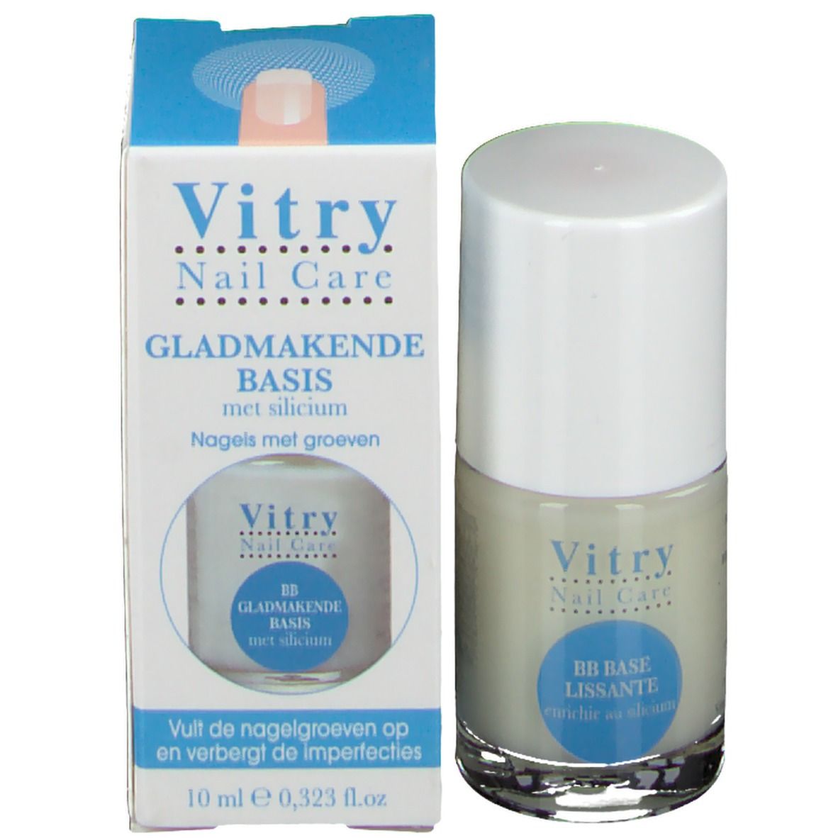Nagellackflasche und Verpackung. Aufschrift: Vitry Nail Care, GLADMAKENDE BASIS met silicium. 10 ml.