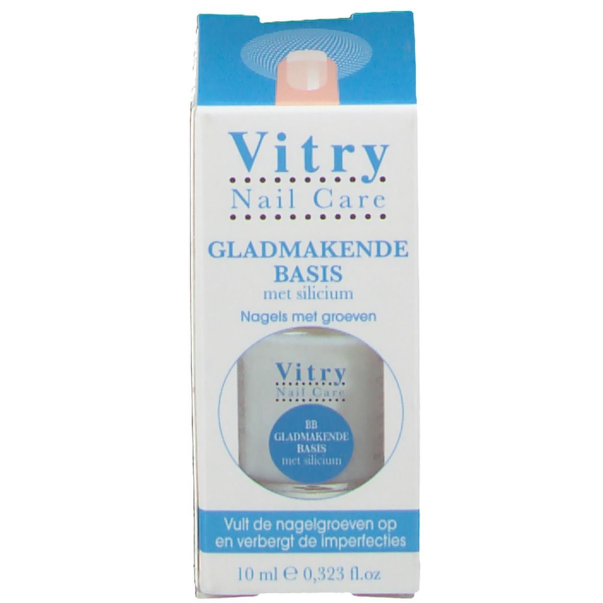 Verpackung. Aufschrift: Vitry Nail Care, GLADMAKENDE BASIS met silicium. 10 ml.