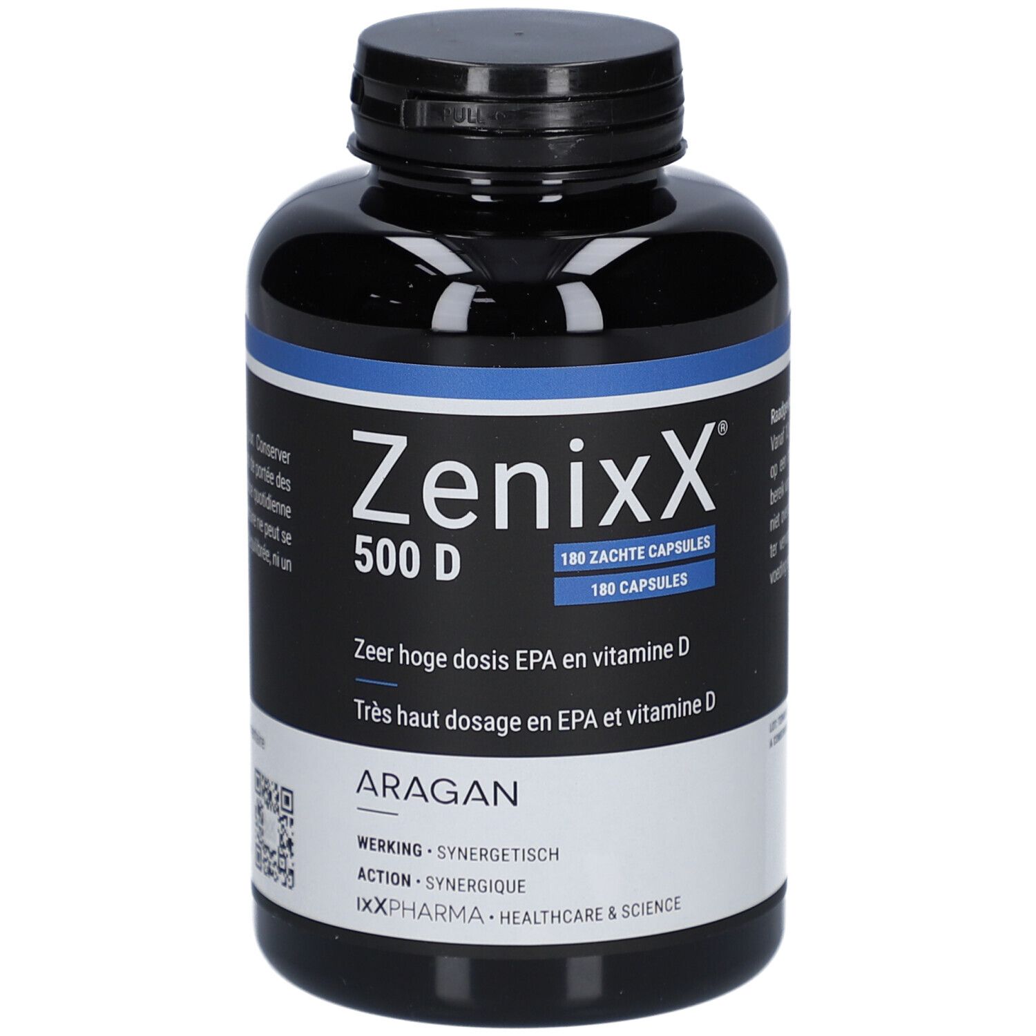 Zenixx 500 D-Box. Blaue Schachtel mit Produktnamen und 180 Kapseln. Enthält Omega-3, EPA, DHA und Vitamin D3.