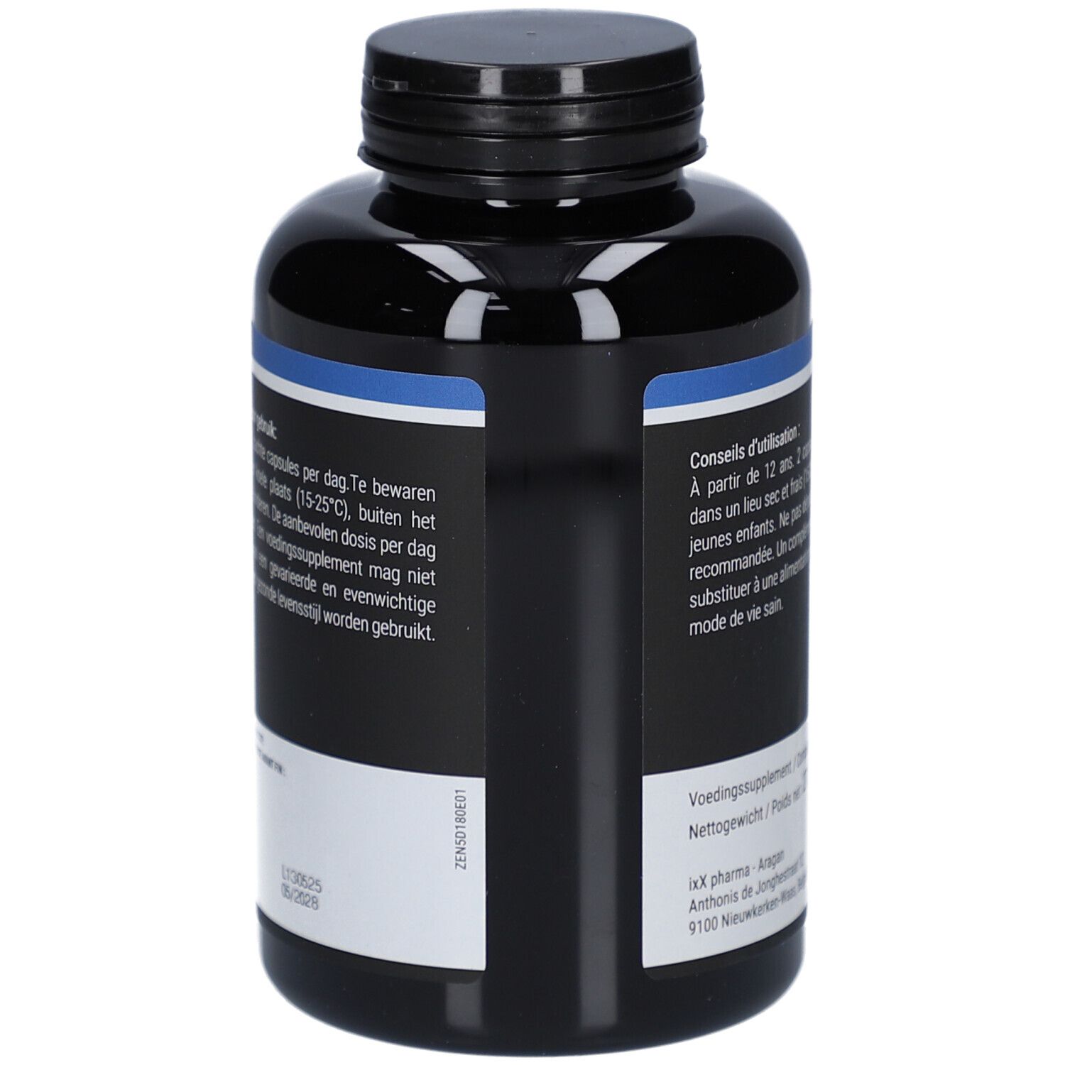 Rückseite der Zenixx 500 D-Box. Enthält Informationen zu Inhaltsstoffen, Dosierung und Anwendungshinweise.