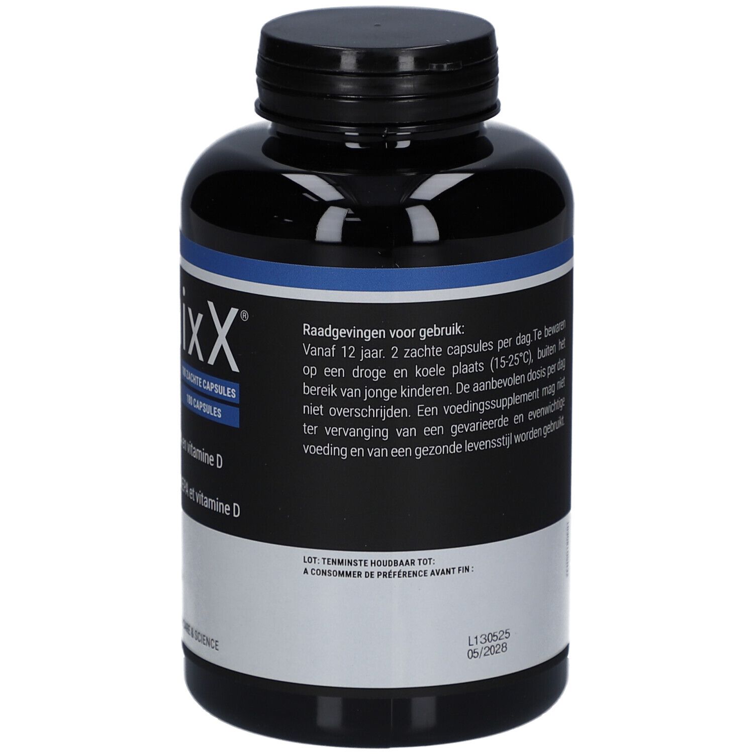 Rückseite der Zenixx 500 D-Box. Enthält Informationen zu Inhaltsstoffen, Dosierung und Anwendungshinweise.