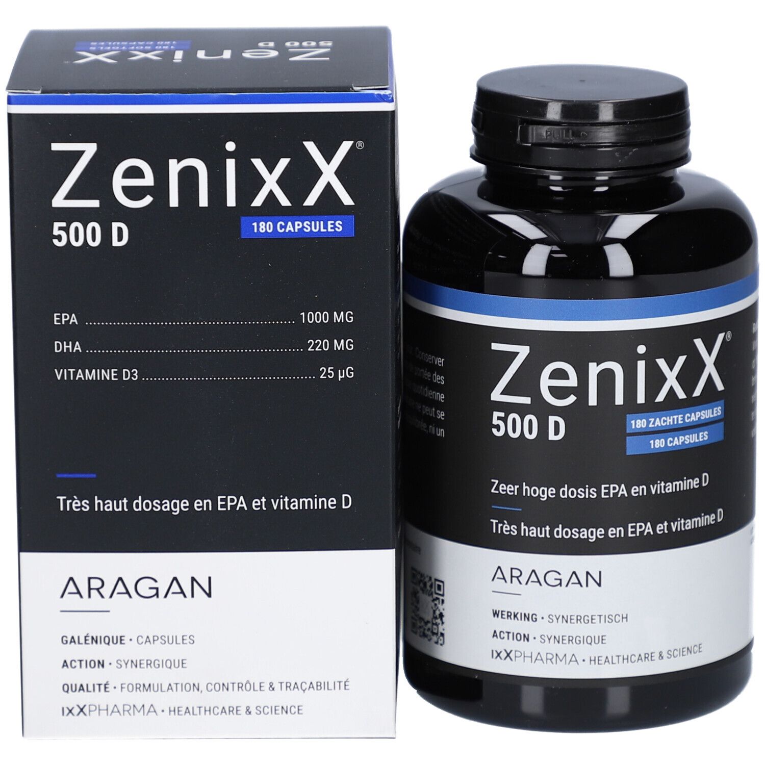 Zenixx 500 D-Box. Blaue Schachtel mit Produktnamen und 180 Kapseln. Enthält Omega-3, EPA, DHA und Vitamin D3.