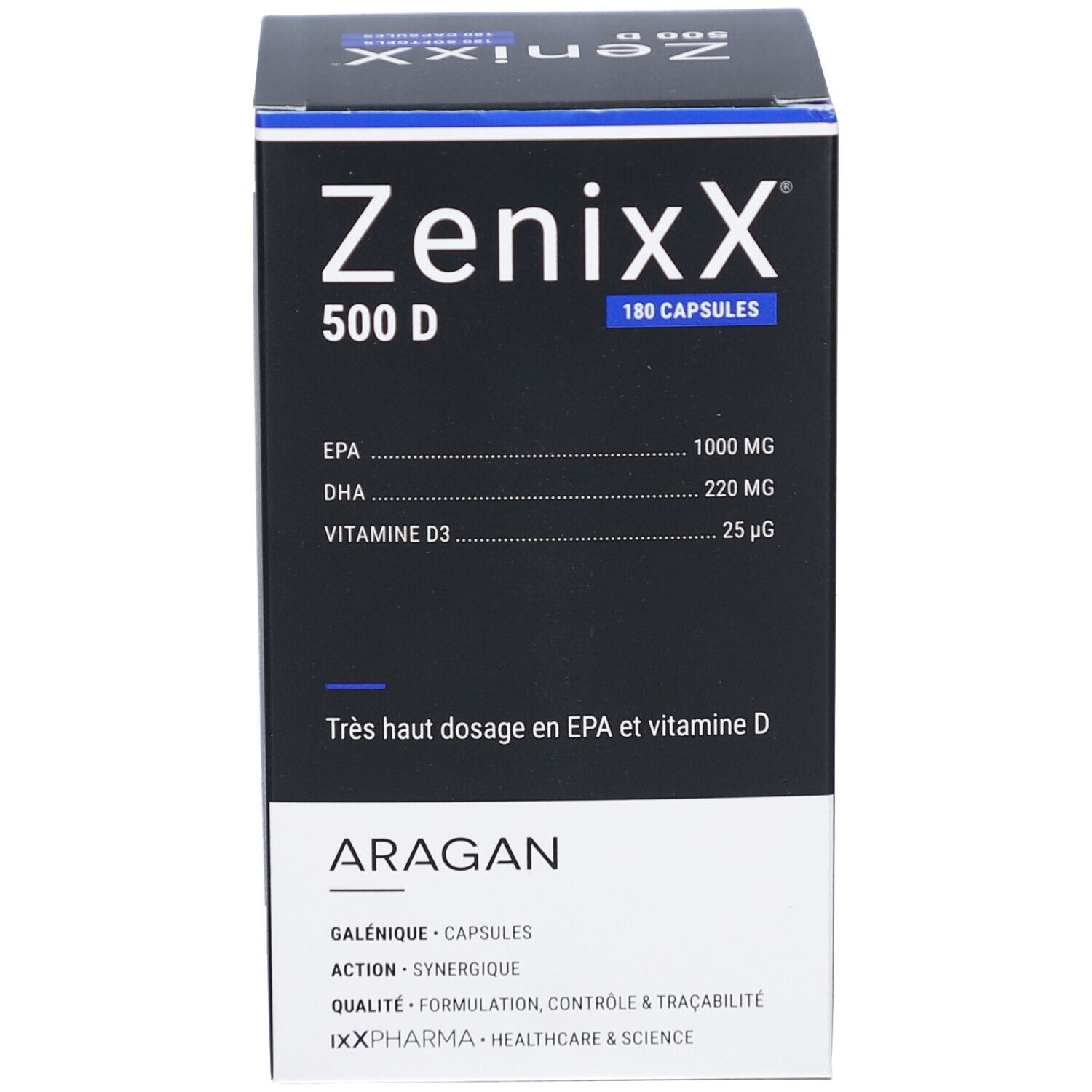 Zenixx 500 D-Box. Blaue Schachtel mit Produktnamen und 180 Kapseln. Enthält Omega-3, EPA, DHA und Vitamin D3.