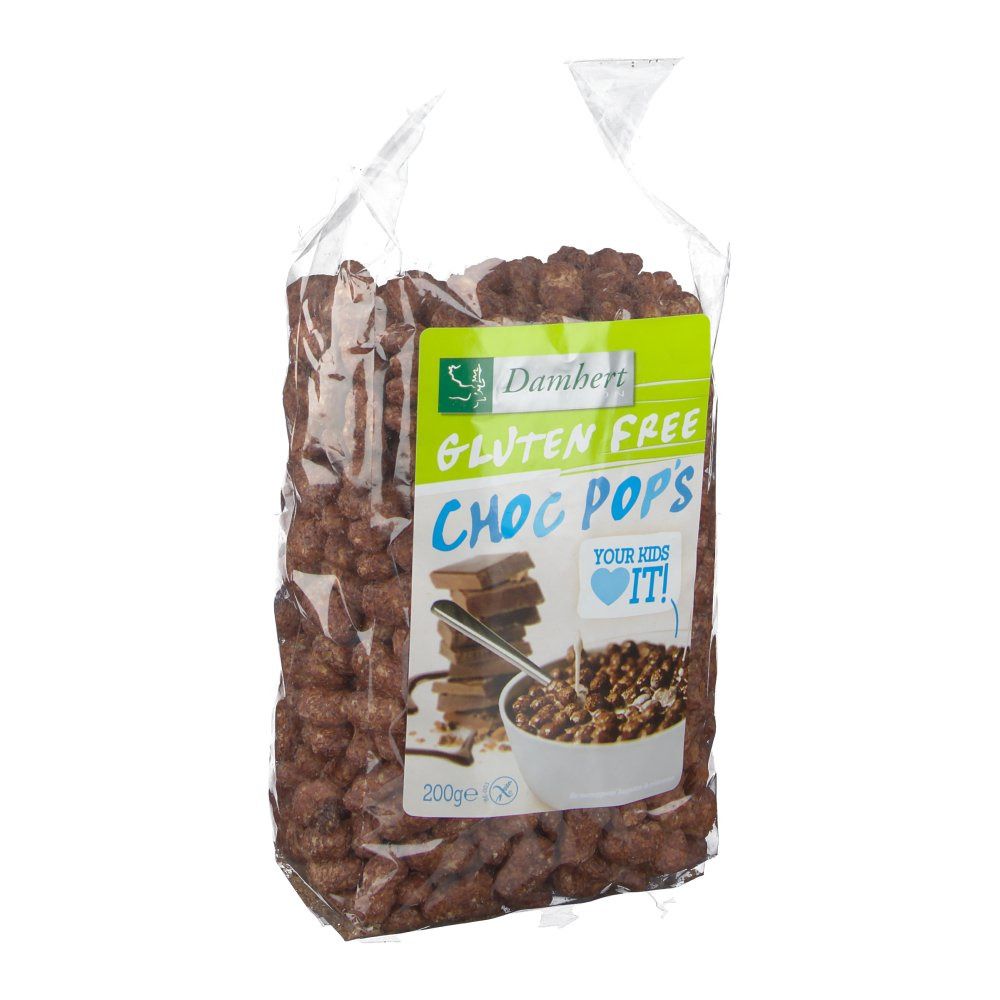 Klare Plastiktüte mit glutenfreien Choc Pops. Aufkleber mit Produktnamen, Logo und Abbildung von Schokoriegeln und Müsli in einer Schüssel.