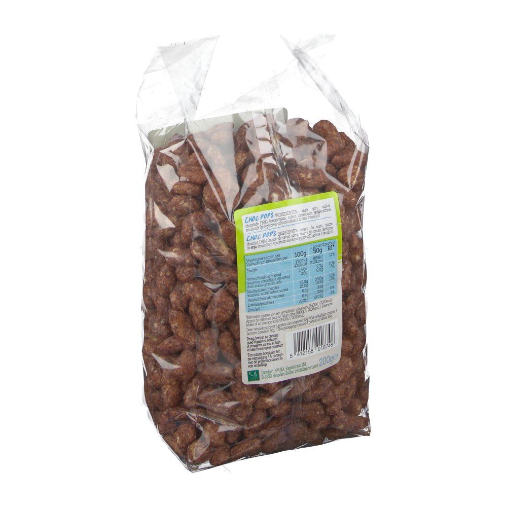 Rückseite einer transparenten Tüte mit glutenfreien Choc Pops. Aufkleber mit Nährwertangaben und Produktinformationen.