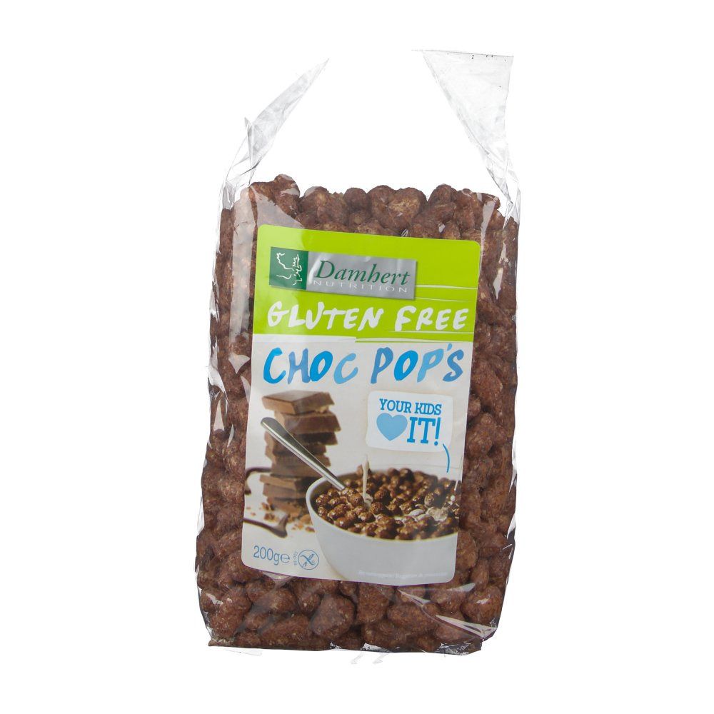 Klare Plastiktüte mit glutenfreien Choc Pops. Aufkleber mit Produktnamen, Logo und Abbildung von Schokoriegeln und Müsli in einer Schüssel.