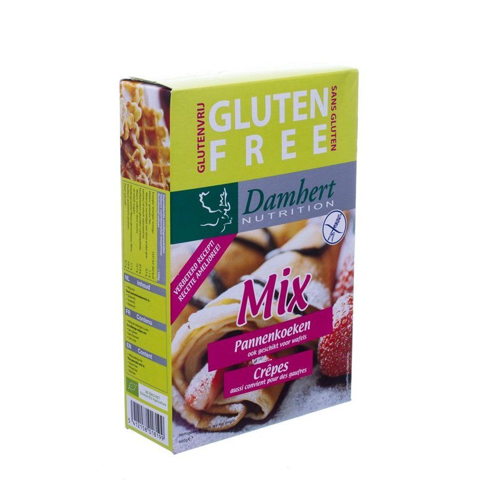 Vue latérale du paquet de mélange Damhert pour crêpes avec symboles de préparation.