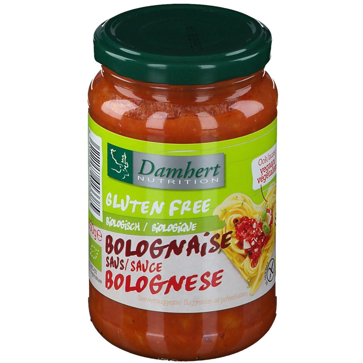 Glas Bolognese-Sauce. Grünes Etikett mit Logo, Schriftzug 'Gluten Free' und 'Bolognaise'.