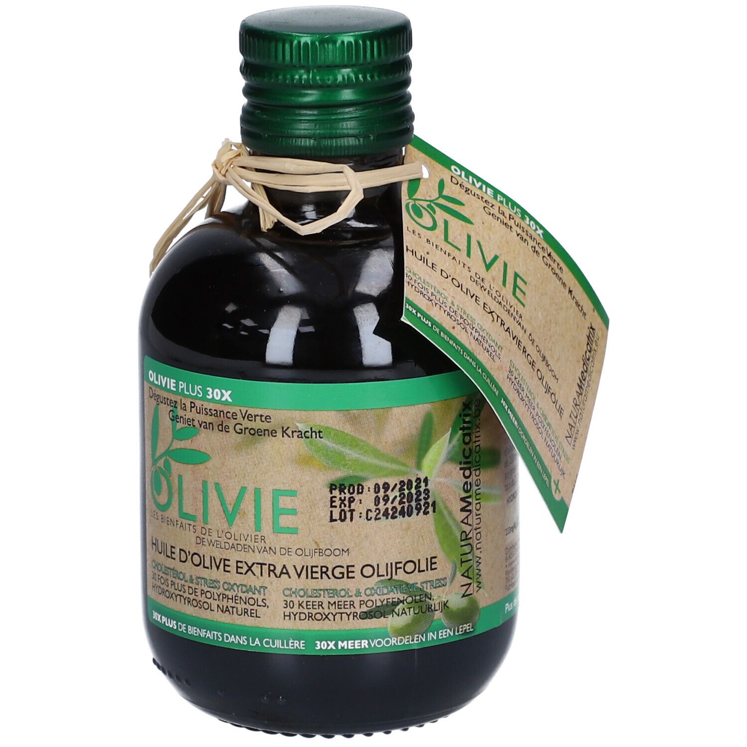 Bouteille en verre vert d'huile d'olive. Étiquette avec informations produit et marque Olivie. Bouchon vert-brun et étiquette en papier.