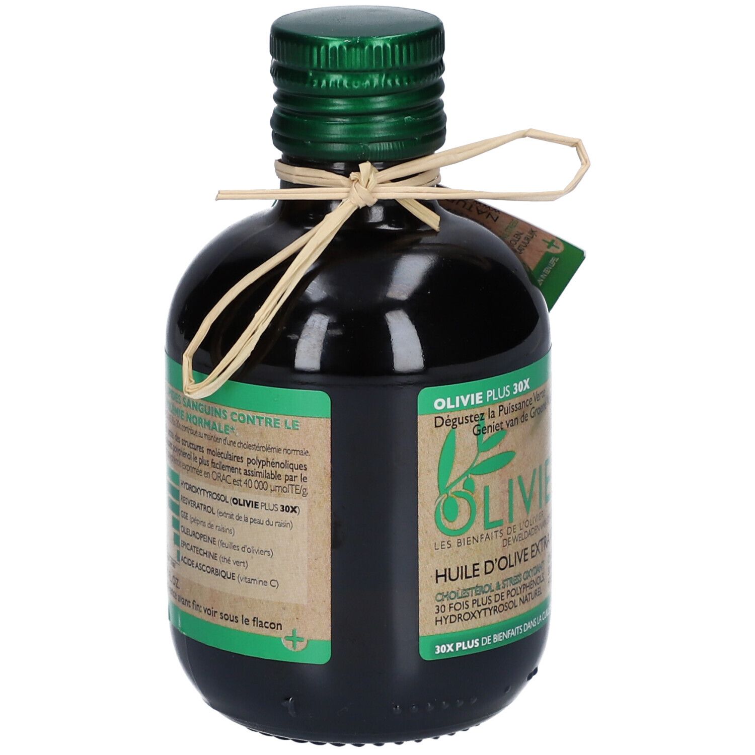 Bouteille en verre vert d'huile d'olive. Étiquette avec informations produit et marque Olivie. Bouchon vert-brun et étiquette en papier.