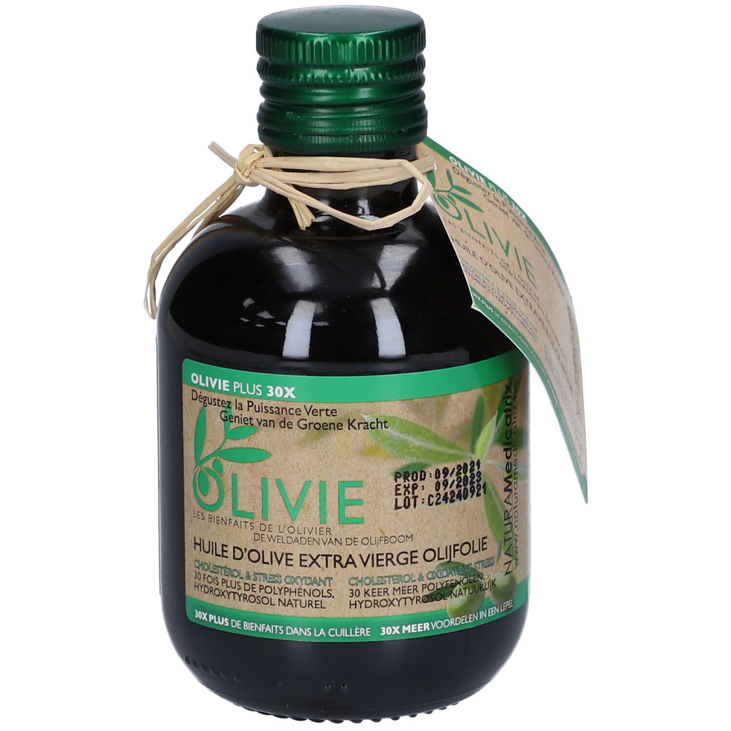 Bouteille en verre vert d'huile d'olive. Étiquette avec informations produit et marque Olivie. Bouchon vert-brun et étiquette en papier.