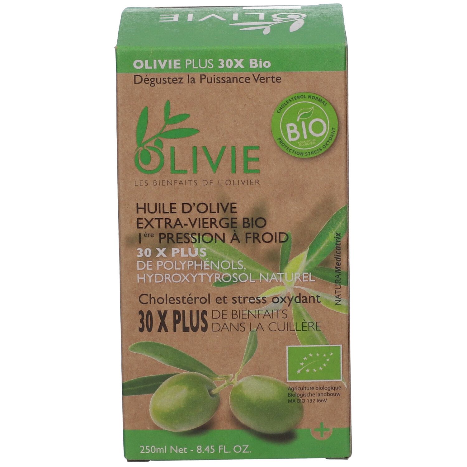 Carton d'huile d'olive Olivie 30x Plus Bio. Couleurs vert-brun, informations produit, label bio et illustration d'olives.