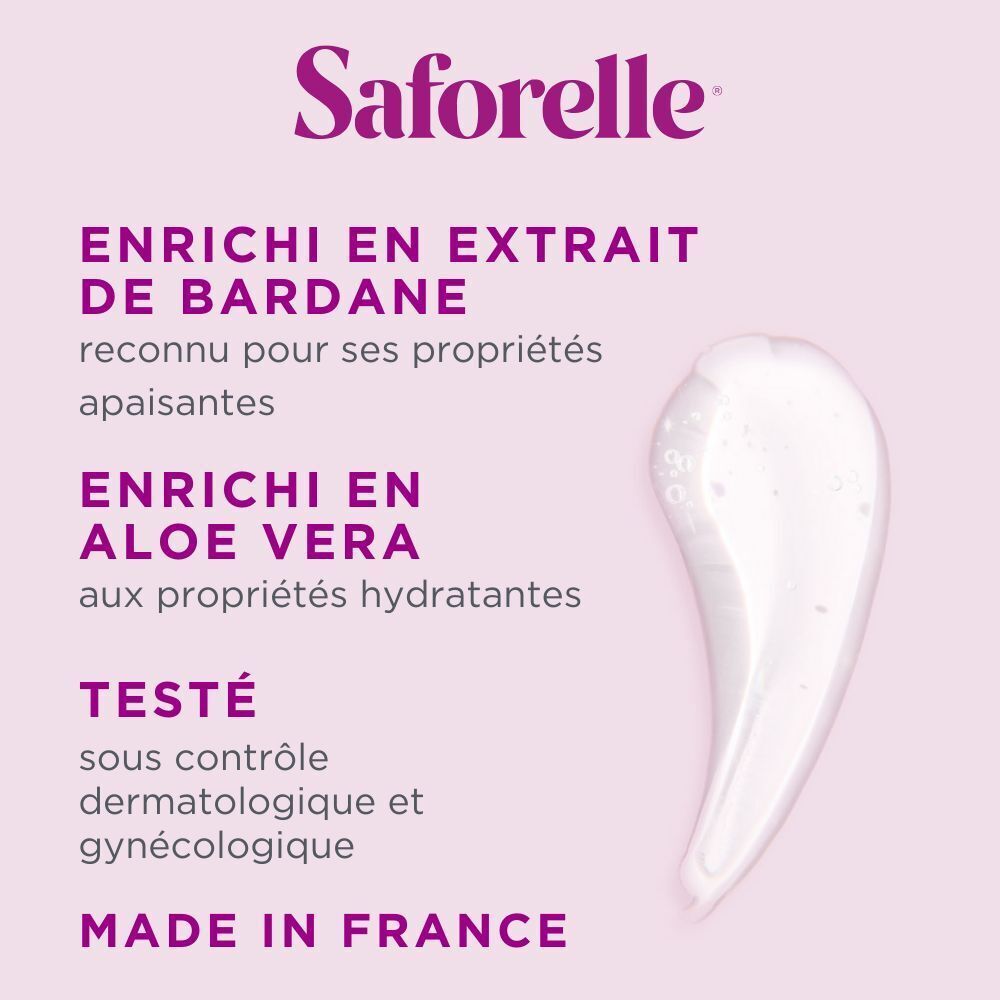 Flacon Saforelle blanc. Texte: Soin Lavant Ultra Hydratant. Pour sécheresse. Avec bardane et aloe vera.