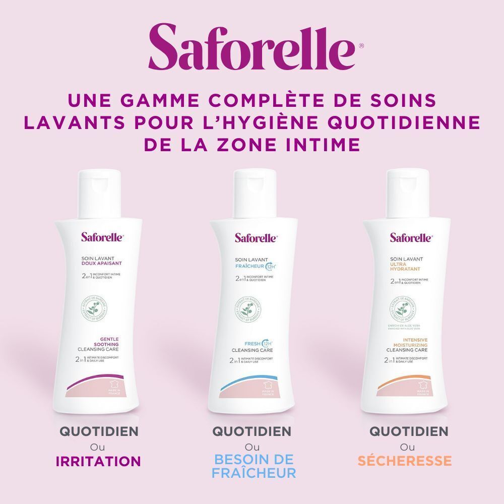 Flacon et emballage Saforelle. Texte: Soin Lavant Ultra Hydratant. Pour sécheresse. 500 ml.