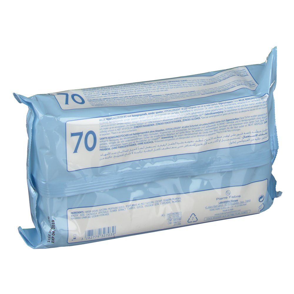 Rückseite der hellblauen Verpackung mit Text. Aufschrift: 70 Tücher. Informationen zu Inhaltsstoffen und Hersteller.