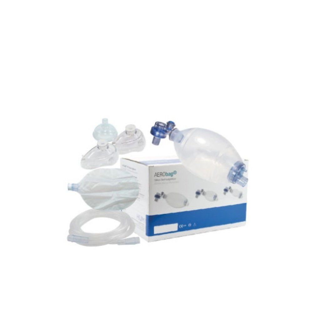 Ensemble AERObag® avec sac de réanimation, masques et tube. Sacs et masques transparents en plastique.